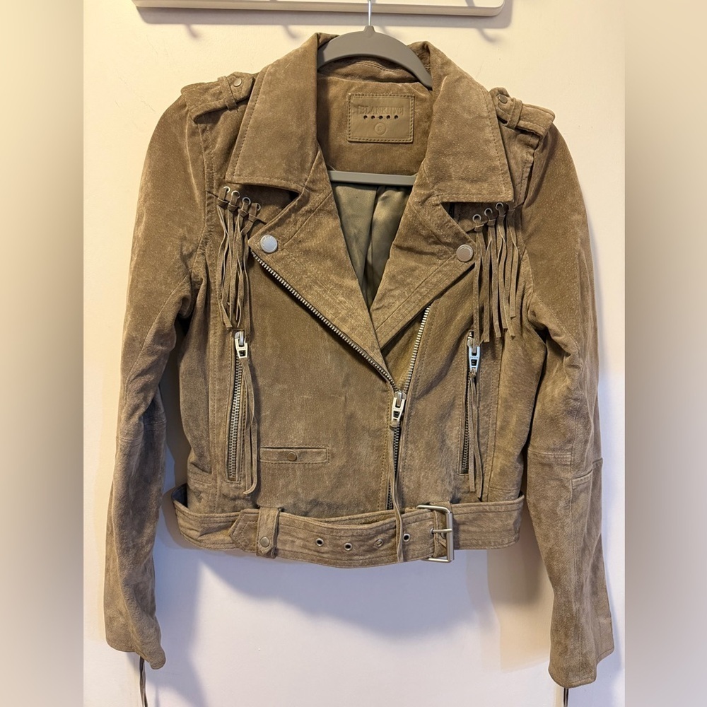 BLANKNYC Suede Leather Green Moto Jacket with Fringe, Size S - Picture 2 of 5